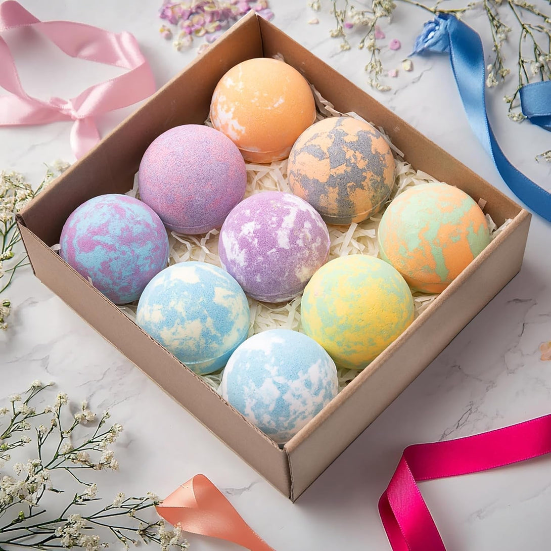 Bath Bomb for Women, 9Pcs Handmade Bubble Bathbombs with Natural Essential Oils, Coco Butters, Holiday Gift for Mother, Wife, Girlfriend, Floral Scents, Rich Bubble and Relaxing Spa Bath