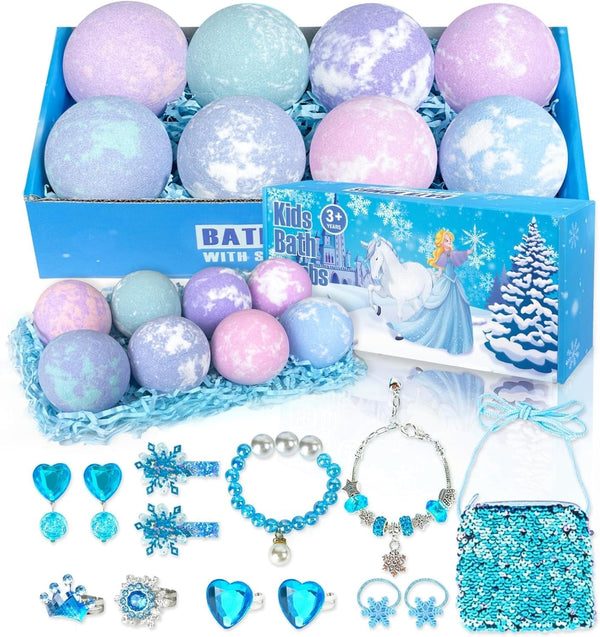 Bath Bombs for Kids with Surprise Inside, 8 Pack Bath Bombs with Frozen Toys, Princess Jewelry & Cross-Body Bag, Natural Fizzy Bubble Bath Balls with Jewelry Set, Christmas Birthday Gift for Girls