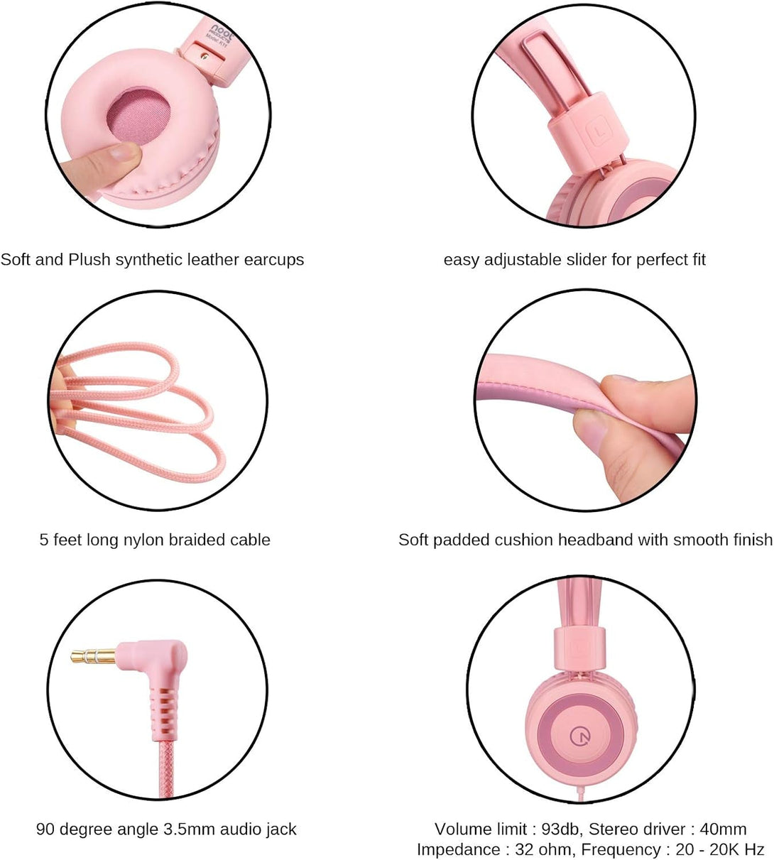 Noot Products Kids Headphones K11 Foldable Stereo Tangle-Free 5Ft Long Cord 3.5Mm Jack Plug in Wired On-Ear Headset for Ipad/Girls/Boys/School/Laptop/Travel/Plane/Tablet-Soft Pink