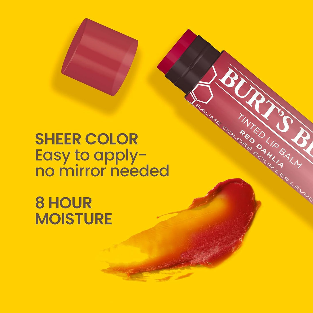 Burt'S Bees Lip Tint Balm Stocking Stuffers Gifts, Long Lasting 2 in 1 Duo Tinted Balm Formula, Color Infused with Hydrating Shea Butter for a Natural Looking Buildable Finish, Red Dahlia (2-Pack)