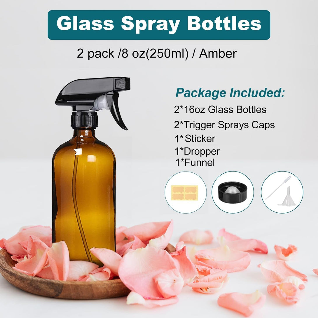 8 Oz Amber Glass Spray Bottles - 2 Pack Empty Refillable Bottle for Cleaning Solutions,Hair Care,Essential Oils, Plants - Durable Nozzle,With Labels &Funnel, Dropper