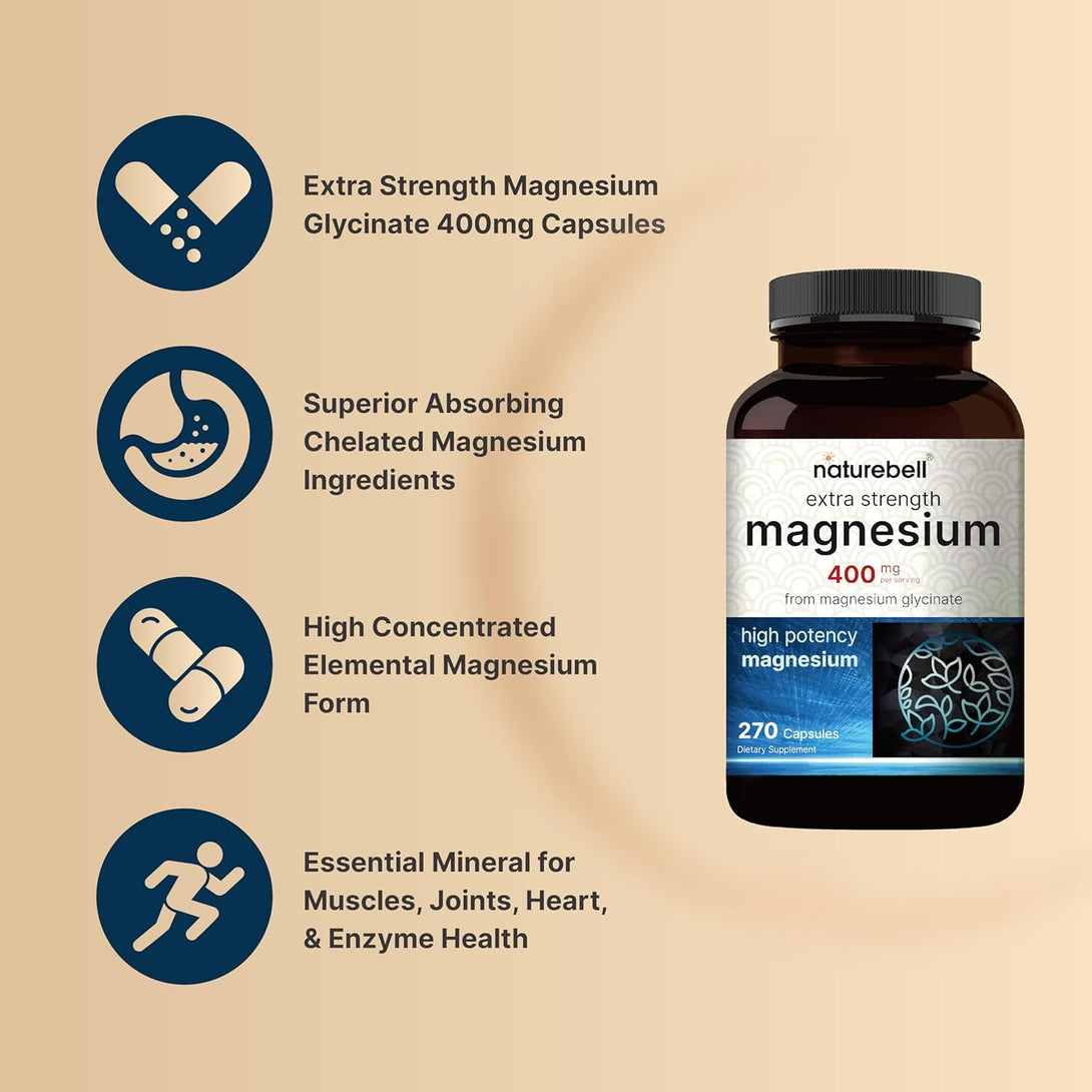 Naturebell Magnesium Glycinate 400Mg (Elemental), 270 Capsules – 100% Chelated for Max Absorption | Non-Gmo & No Gluten, Bioavailable Mineral Supplement for Muscle, Joint, Enzyme, & Heart Health