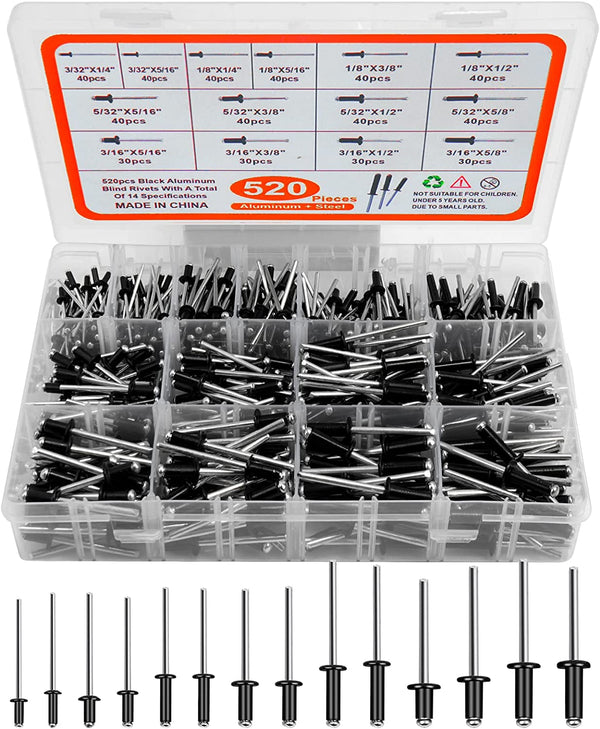 520Pcs Black Rivets Pop Rivets Assortment Kit, LJINGE 14 Sizes Aluminum Blind Rivets, Assorted Blind Rivets with Reinfored Divider & Labeled Case for Storage