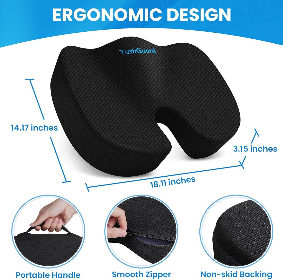 Tushguard Seat Cushion, Office Chair Cushions, Car Seat Cushion, Non-Slip Sciatica & Back Coccyx Tailbone Pain Relief Chair Pad, Memory Foam Butt Pillow for Computer Desk, Office Chair