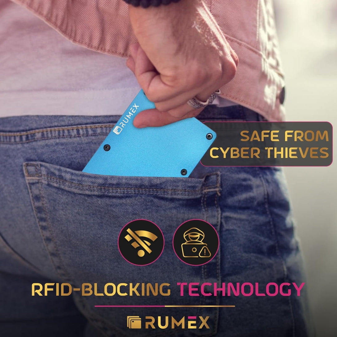 RUMEX Men’S Metal Wallet & Card Holder - RFID Blocking Anti-Theft Slim Wallet for Men - Sleek & Minimalist Metal Design - Men’S Card Organizer & Money Clip - BLUE