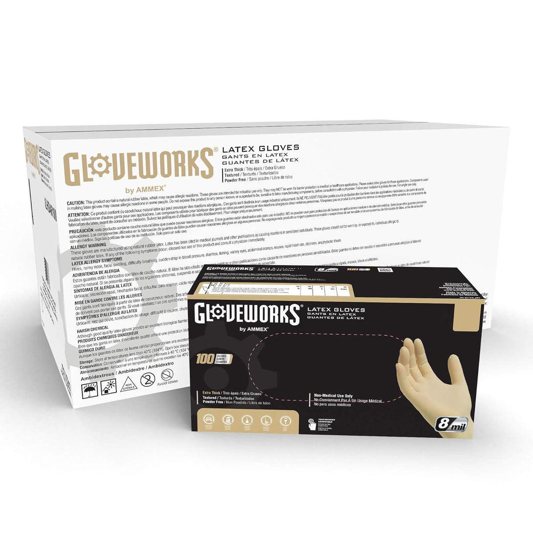 GLOVEWORKS HD Industrial Ivory Latex Gloves, Case of 1000, 8 Mil, Size Medium, Powder Free, Textured, Disposable, ILHD44100