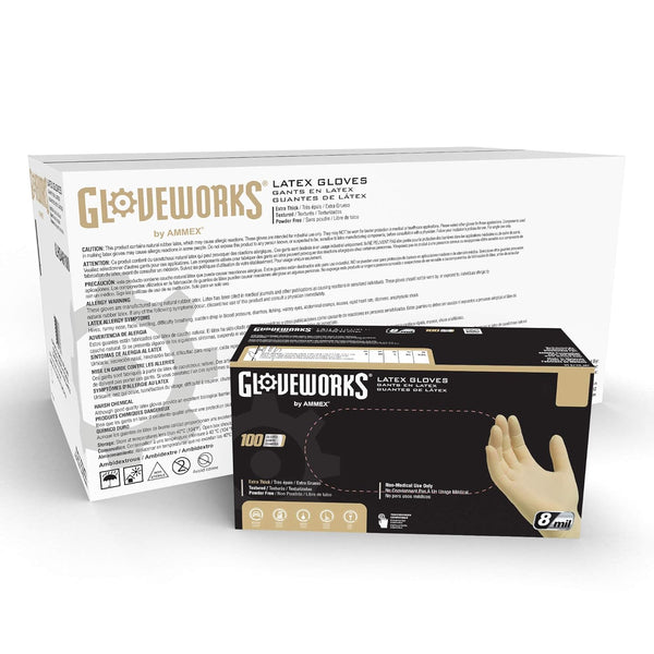 GLOVEWORKS HD Industrial Ivory Latex Gloves, Case of 1000, 8 Mil, Size Medium, Powder Free, Textured, Disposable, ILHD44100