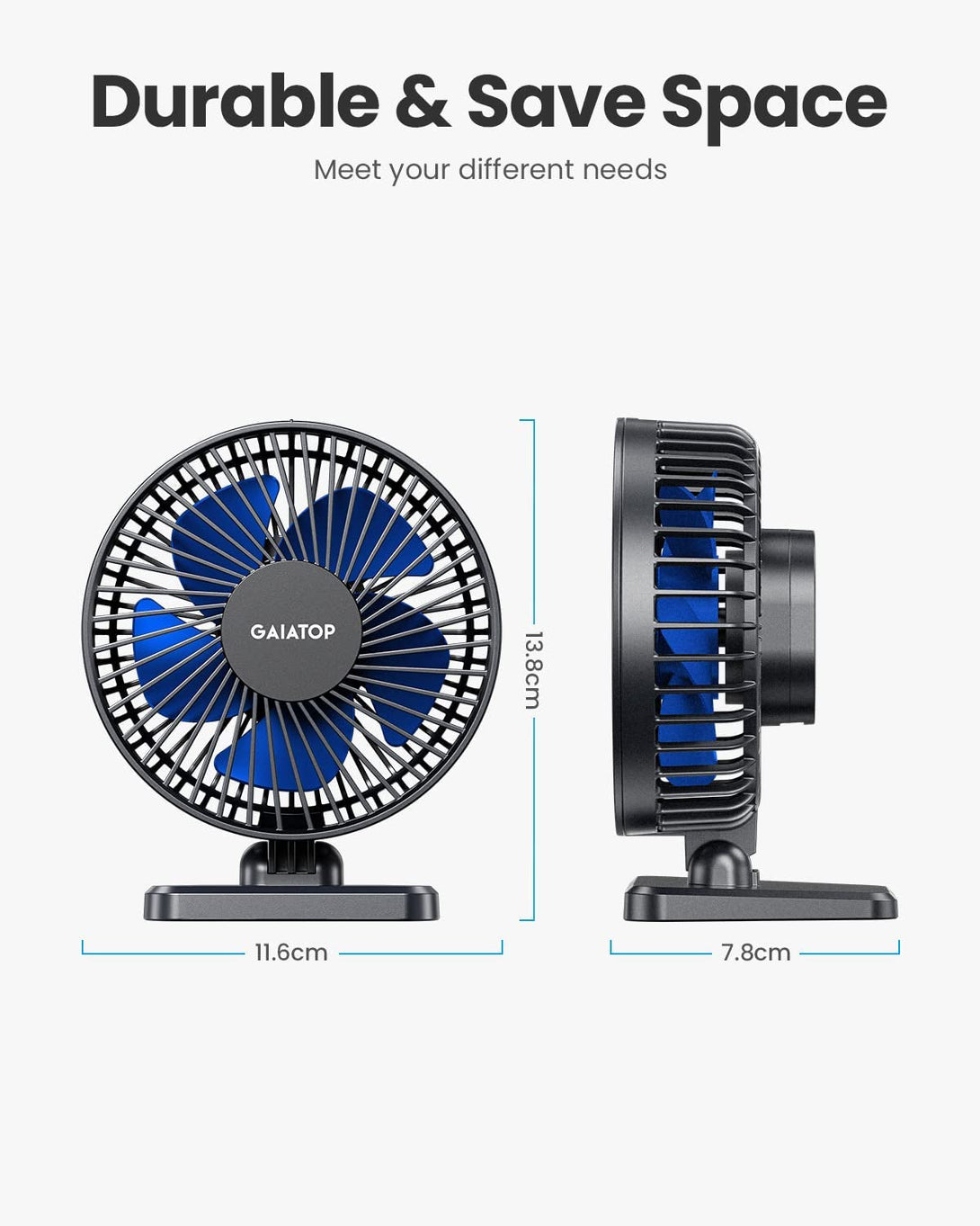 Gaiatop USB Desk Fan, Small but Powerful, Personal Portable Quiet 3 Speeds, Adjustable Mini Table Desktop Fan for Cooling Home Office Car Summer Travel Gifts Blue