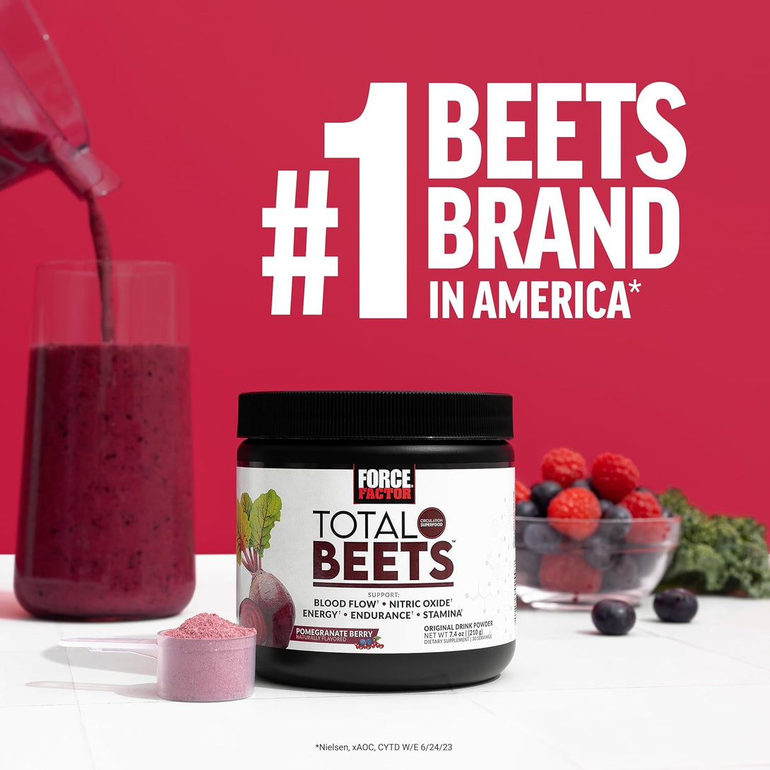 Force Factor Total Beets Drink Mix Superfood Powder with Nitrates to Support Circulation, Blood Flow, Nitric Oxide, Energy, Endurance, and Stamina, Cardiovascular Heart Health Supplement, 30 Servings