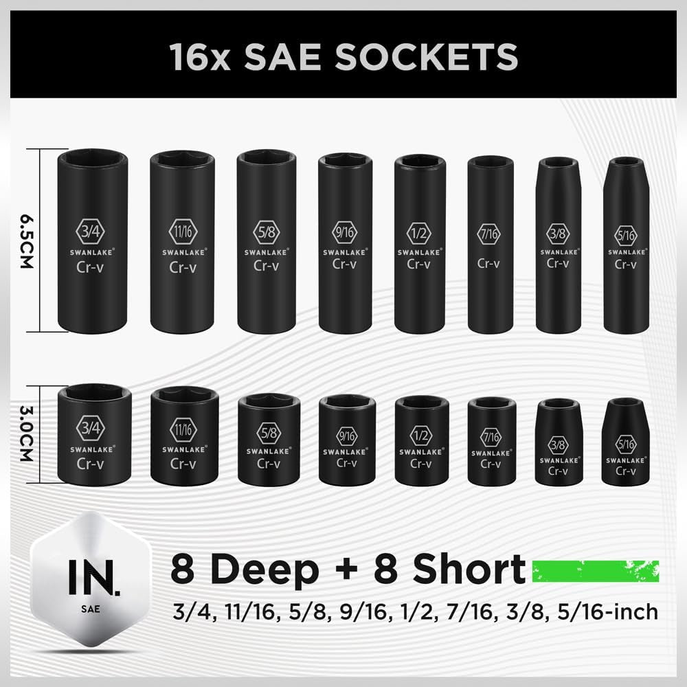 SWANLAKE 3/8" Drive Impact Socket Set, 50-Piece Standard SAE (5/16 to 3/4 Inch) and Metric (8-22Mm) Size, 6 Point, Cr-V, 3/8-Inch Ratchet Handle, Extension Bar, Universal Joint