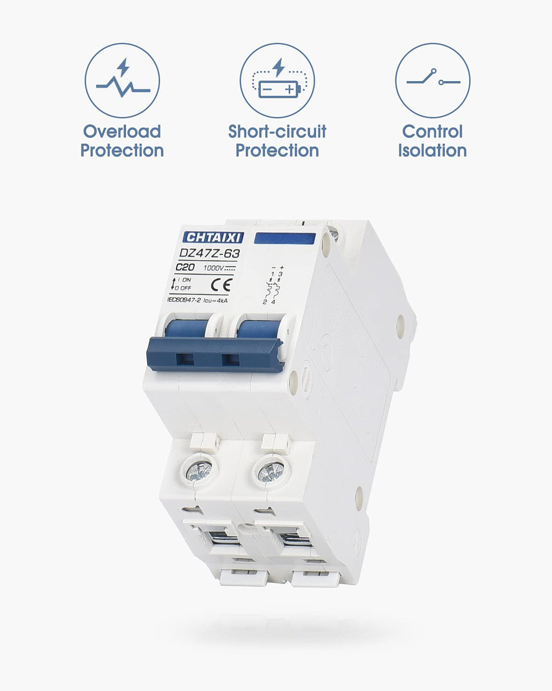 DC Miniature Circuit Breaker, 2 Pole 1000V 20 Amp Isolator for Solar PV System, Thermal Magnetic Trip, DIN Rail Mount, Chtaixi DC Disconnect Switch C20