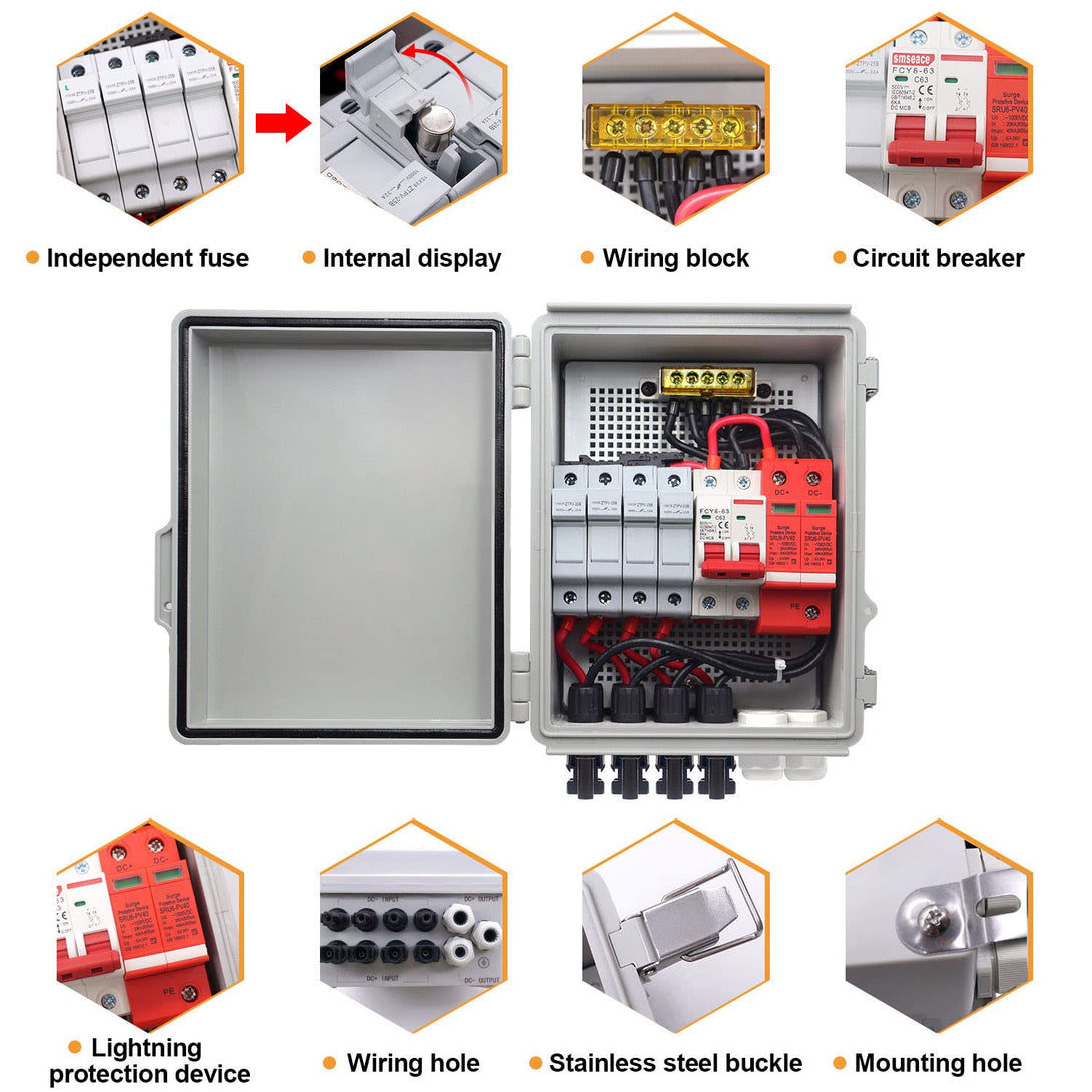 Mankk 4 String PV Combiner Box IP65 Waterproof Solar Combiner Box with 63A Circuit Breaker Lightning Arreste Solar Connector and 15A Rated Current Fuse for On/Off Grid Solar Panel System PV-BOX-4X