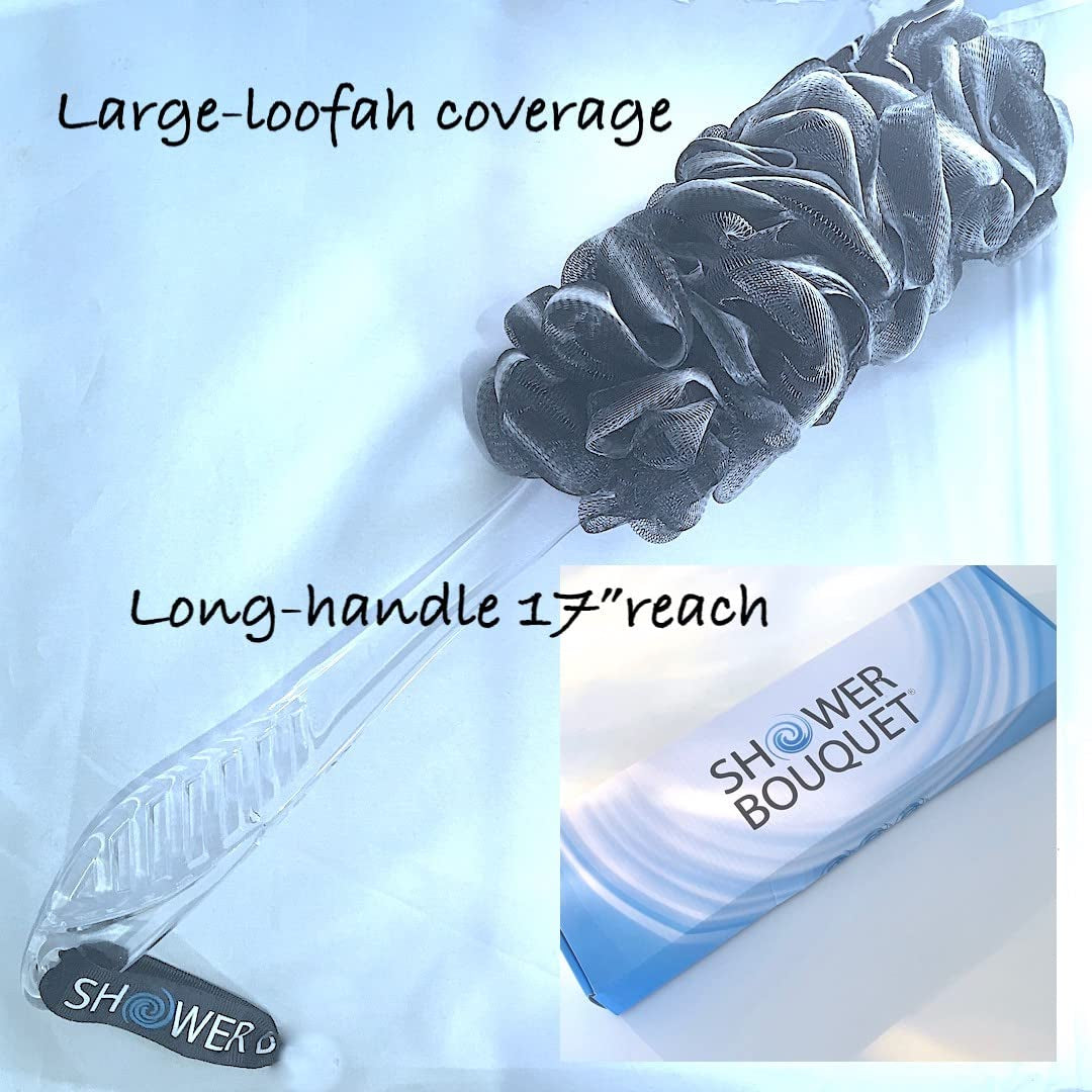 SHOWER BOUQUET Loofah-Charcoal Back-Scrubber & Bath-Sponge Set // 1 Long-Handle-Back-Brush plus 2 Extra Large 75G Soft Mesh Loofa-Lufa-Loufa Puff Poufs, Men & Women - Exfoliate with Full Pure Cleanse