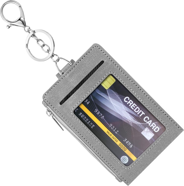 Grevosea Credit Card Holder for Women, Slim Minimalist Wallet ID Card Holder Zipper Front Pocket Wallet with 7 Card Slots and 2 ID Window for Men & Women (Grey)