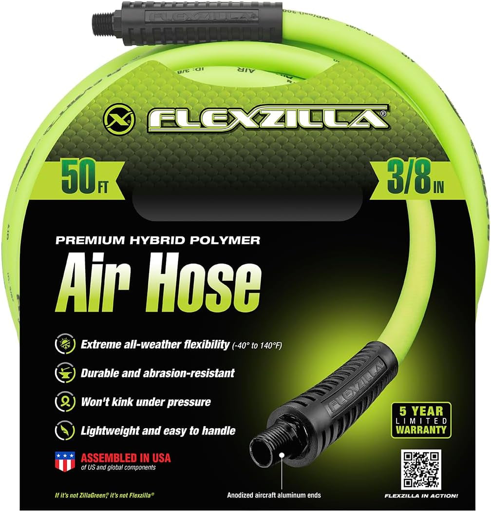 Flexzilla Air Hose, 3/8 In. X 50 Ft., 1/4 In. MNPT Fittings, Heavy Duty, Lightweight, Hybrid, Zillagreen - HFZ3850YW2