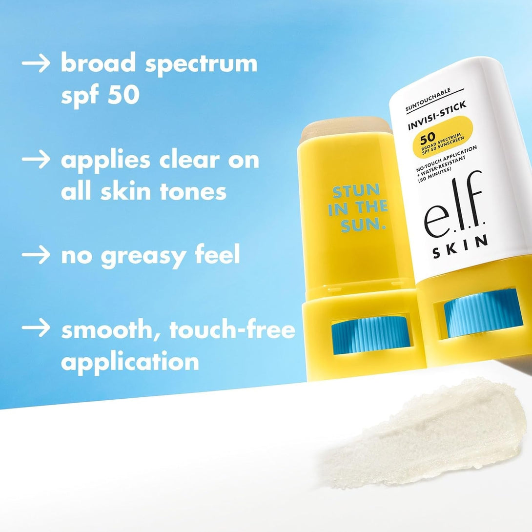 E.L.F. SKIN Suntouchable Invisi-Stick SPF 50, Clear Sunscreen for a Natural Finish, Made with Moisturizing Sunflower Seed Oil, Vegan & Cruelty-Free