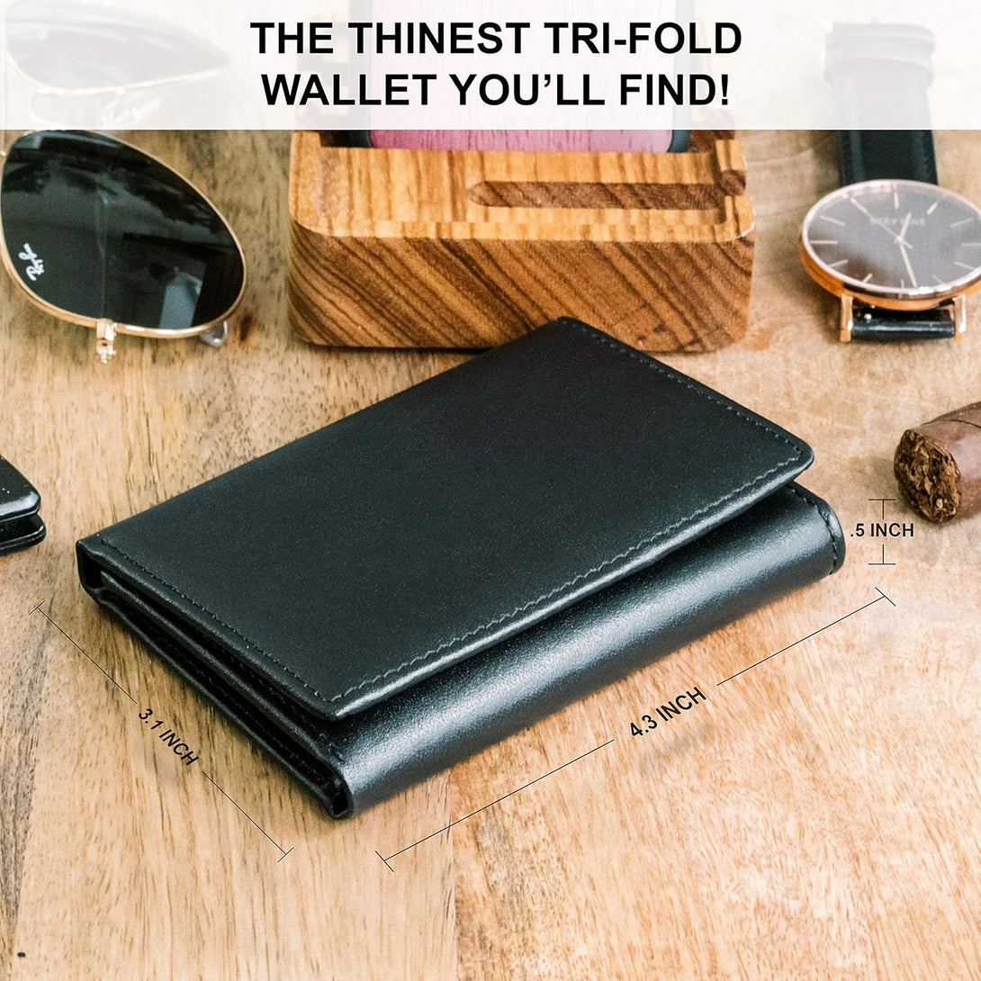 STAY FINE Men’S Leather RFID Trifold Wallet with Flip up ID, Slim Extra Capacity Card Holder, Gift Ready, Black