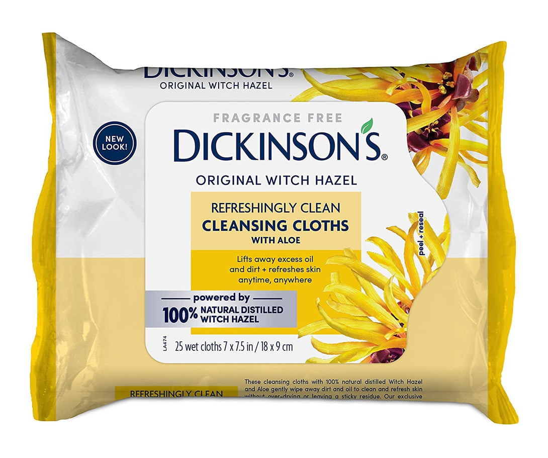 Dickinson'S Original Witch Hazel Refreshingly Clean Cleansing Cloths with Aloe, 4 Pack, 25 Cloths per Pack