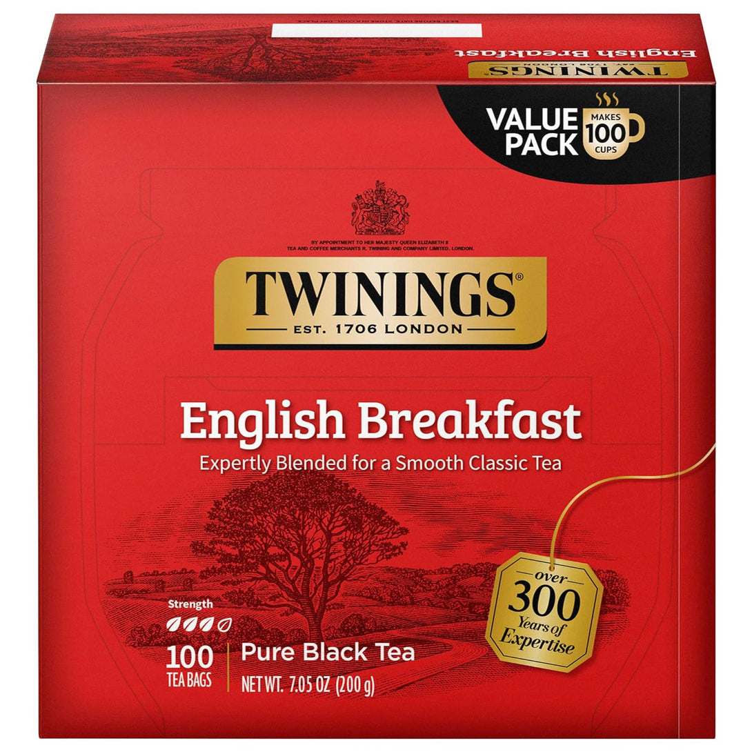 Twinings English Breakfast Black Tea Individually Wrapped Bags, 100 Count (Pack of 1), Smooth, Flavourful, and Robust, Caffeinated, Enjoy Hot or Iced | Packaging May Vary