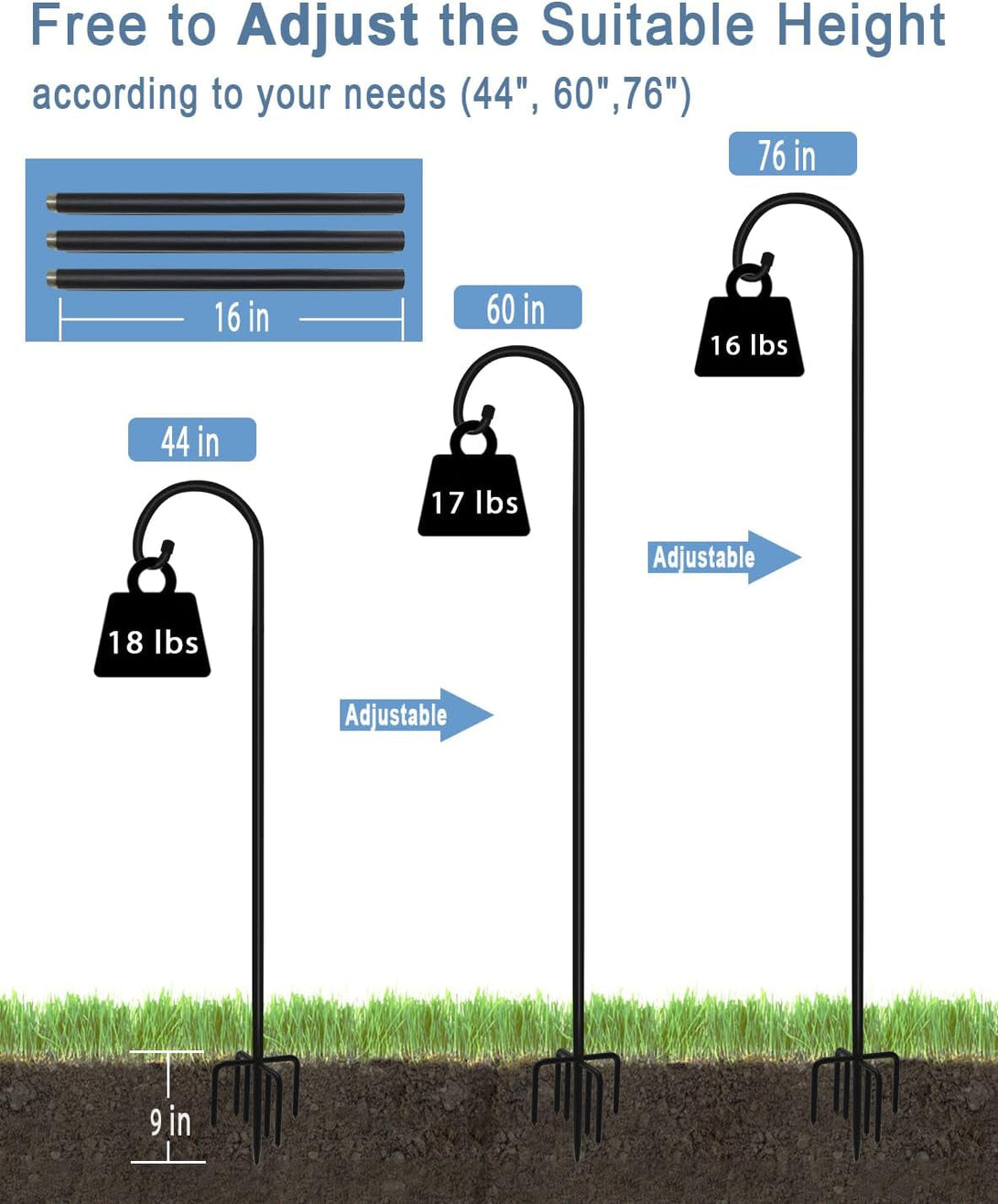 76 Inch Outdoor Shepherd Hook with 7 Prong Base (1 Pack), Adjustable Heavy Duty Garden Hanging Stake for Bird Feeder Solar Light Plant Hanger Wedding Decor, Matte Black