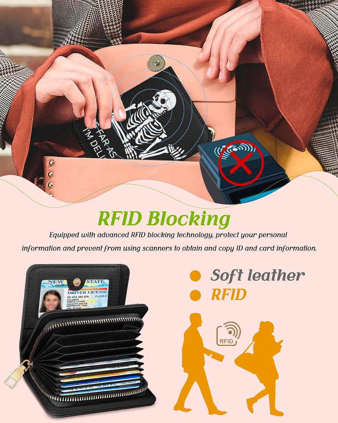 Bistup Credit Card Holder Wallet for Women Cute Leather Ladies Teen Girls Female Cardholder Wallets Accordion Purse Small Medium Aesthetic Print Skeleton Modern Design Rfid Zipper Around