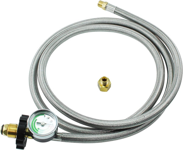 MENSI 6FT Upgraded Braided Universal POL 1/4 Inch NPT & Inverted Male Flare Propane Tank Pigtail Hose with Gauge for Standard Two-Stage Regulator