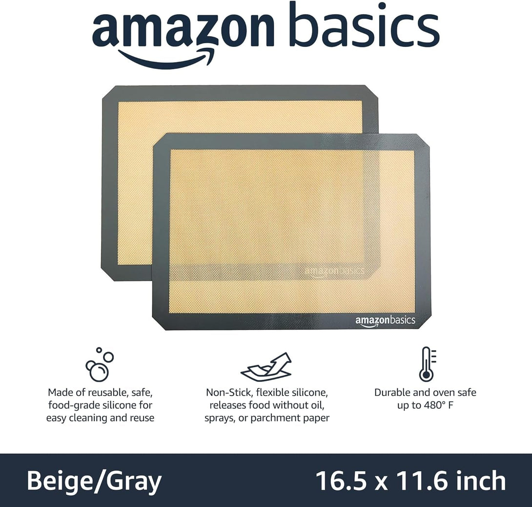 Amazon Basics Rectangular Silicone, Non-Stick Reusable, Food Safe Baking Mat, Pack of 2, 16.5"L X 11.6"W, New Beige/Gray