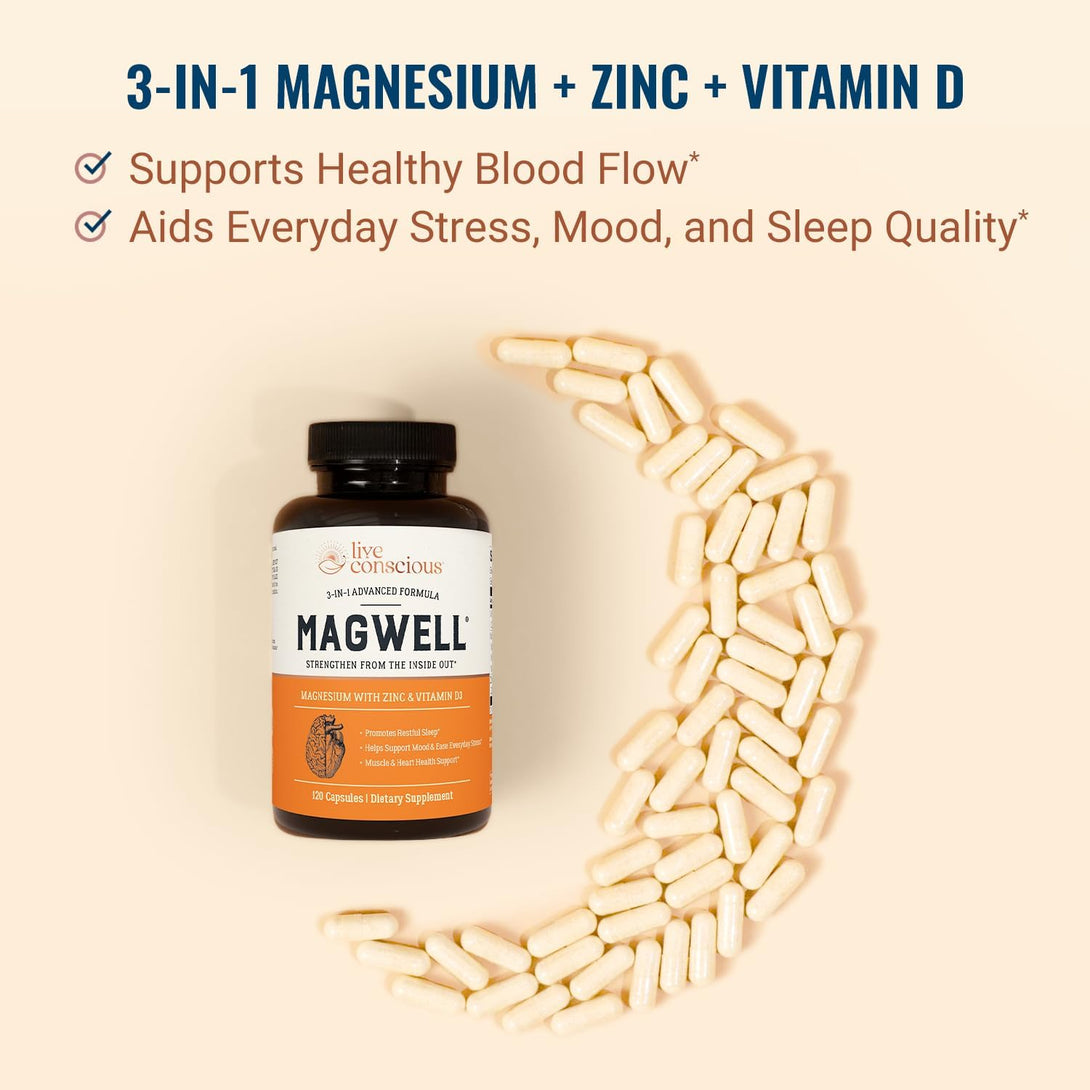 Live Conscious Magwell Magnesium Zinc & Vitamin D3 - Magnesium Glycinate, Malate, & Citrate - Triple Supplement for Women & Men - for Sleep, Bone, Heart, Immune Support - 120 Caps