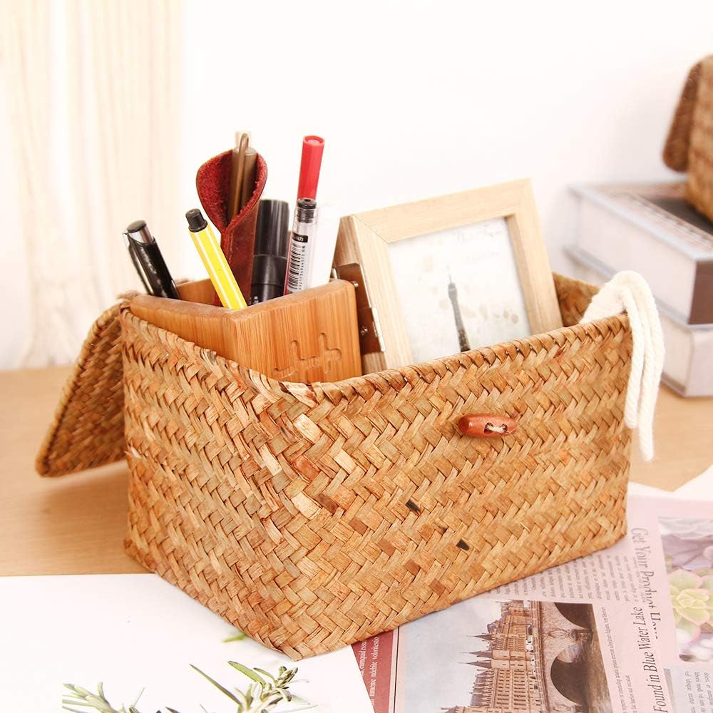 FEILANDUO Shelf Baskets with Lid Set of 3 Handwoven Seagrass Storage Box Wicker Basket Desktop Makeup Organizer Multipurpose Container (Original (S/M/L)