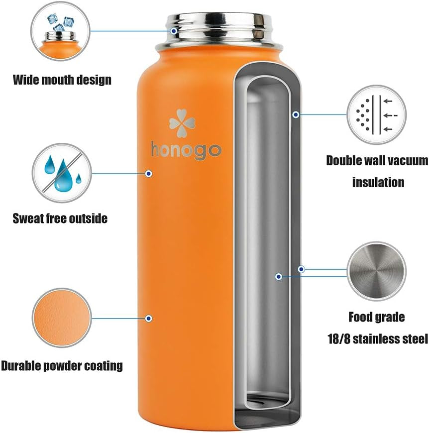 32 Oz Powder Coated Double Wall Vacuum Insulated Sports Water Bottle, 18/8 Stainless Steel Wide Mouth Thermal Flask with Straw Lid & Spout Lid, Leak Proof, Sweat Free, BPA Free (Orange, 32 Oz)