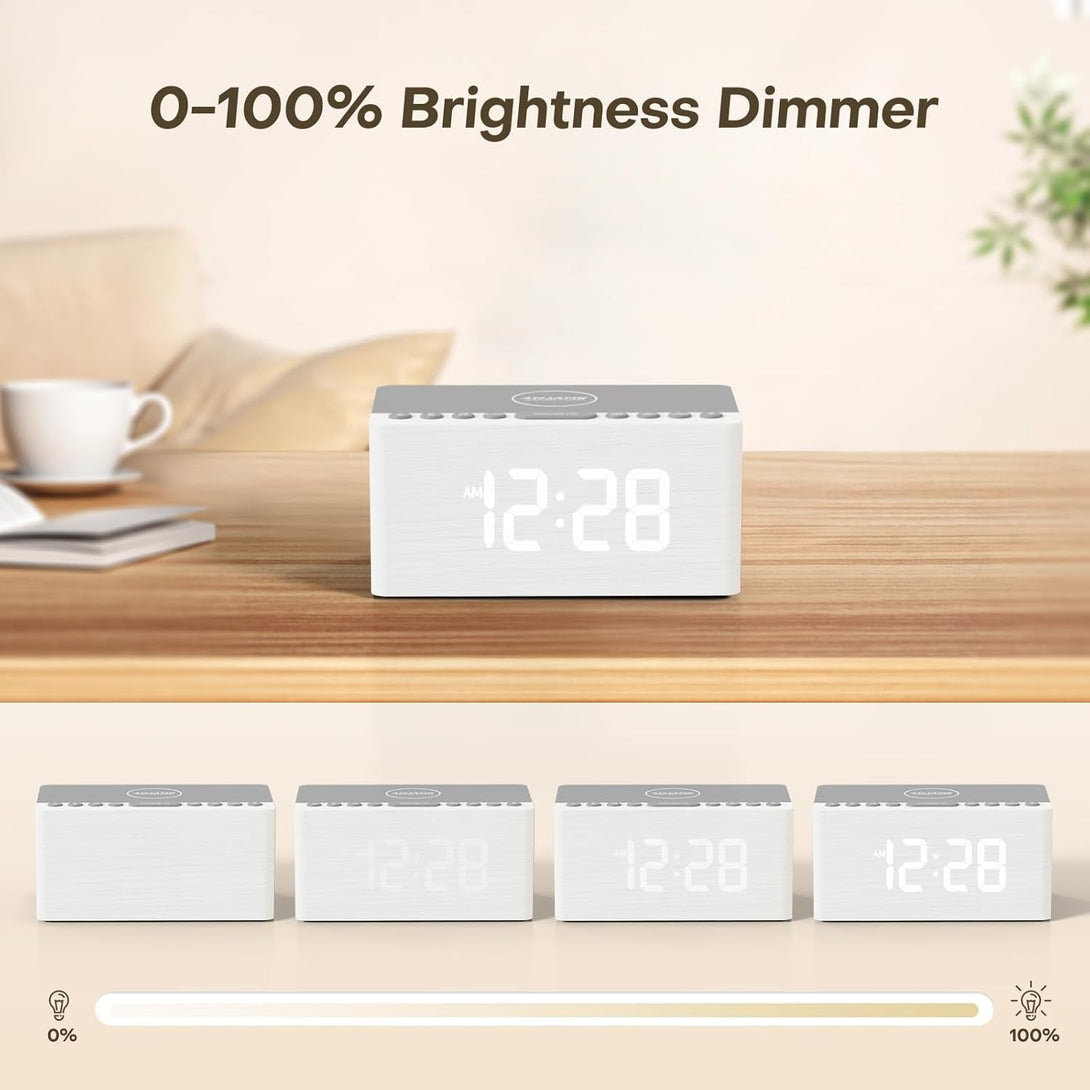 ANJANK Wooden Sound Machine Alarm Clock for Bedroom, Bluetooth Speaker, 20 Soothing Sounds, 0-100% Dimmer, Wireless Charging Station for Iphone/Samsung, Sleep Timer, White Noise Machine for Sleeping