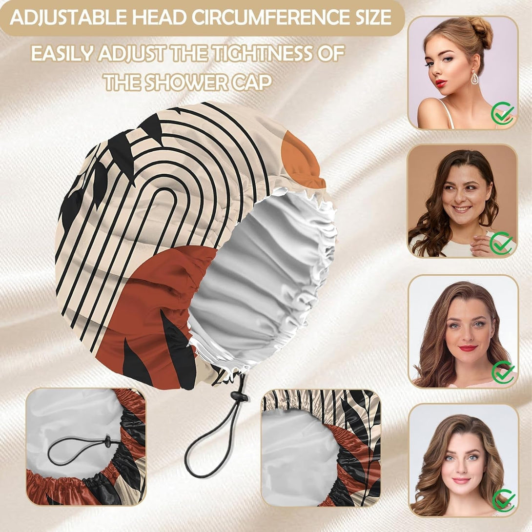 2 PCS Shower Cap Adjustable Reusable Double Waterproof Layer Elastic Hair Bath Cap Cute Aesthetic for Women Girls-Leaf