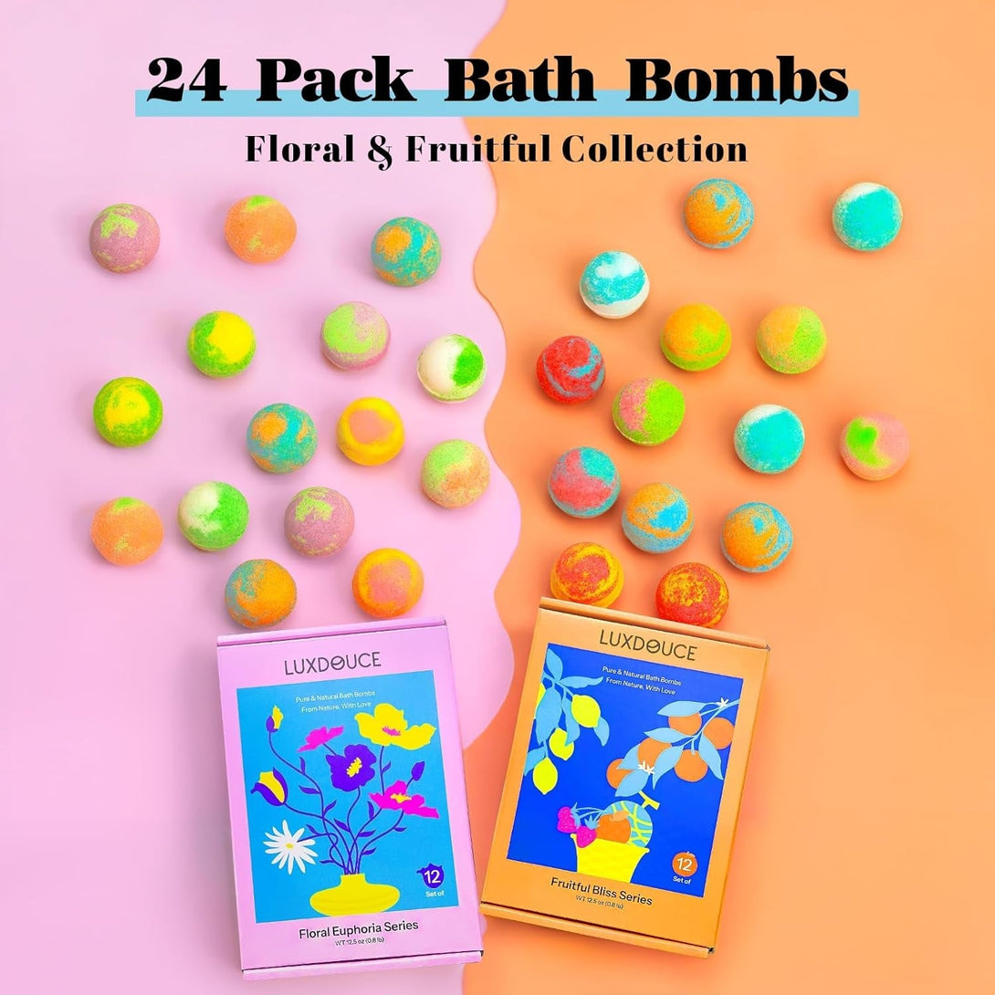 Bath Bombs Gift Set – 24 Pack Bubble Bombs with 12 Unique Scents, Floral Euphoria & Fruitful Bliss Collections, Skin-Soothing & Mood-Enhancing, Birthday Gift for Mom, Wife, Women, Summer Relaxation