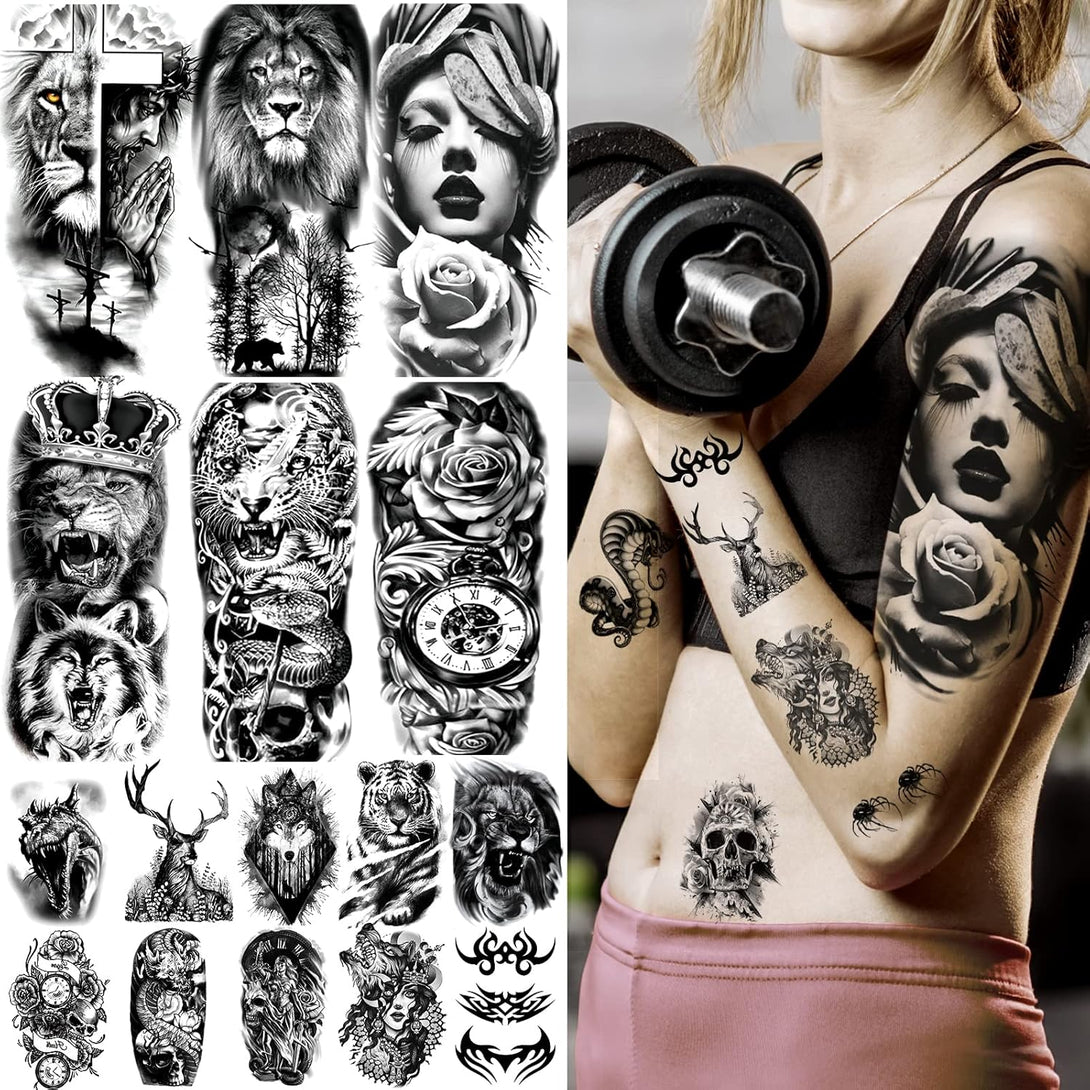 72 Sheets Temporary Tattoo for Men Women Adults, Include 12 Sheets Black 3D Half Sleeve Temporary Tattoos, Halloween Tattoos Scary Lion Wolf Tiger Skull Skeleton Tattoos Stickers