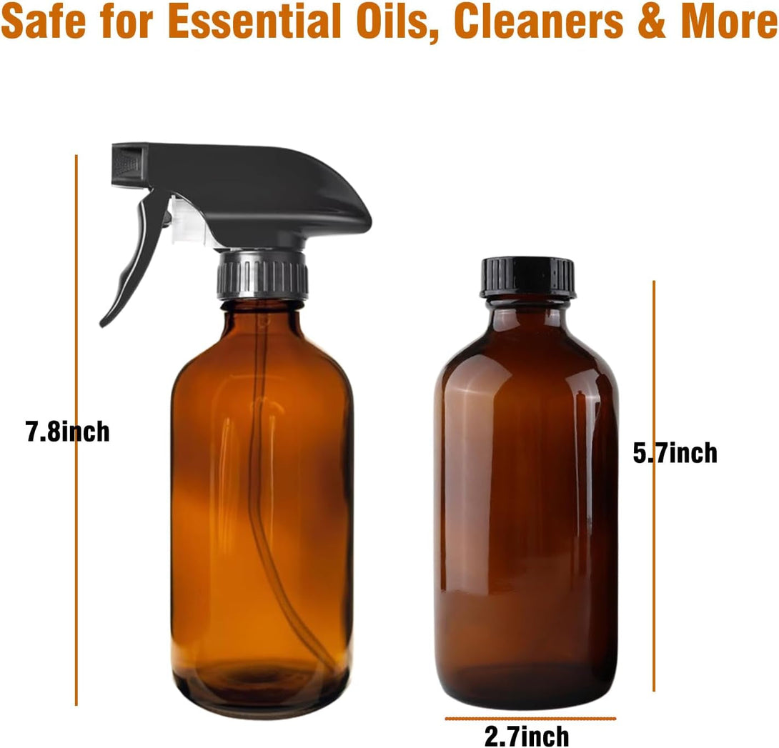 8Oz Amber Glass Spray Bottles - 2 Pack Empty Refillable Bottles for Cleaning, Hair Care, Essential Oils, Plants - Includes Durable Nozzle, Labels, Funnel & Dropper, Handheld Size