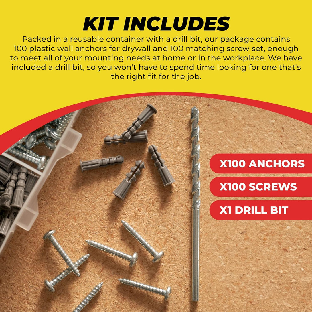 Qualihome Ribbed Plastic Drywall Anchor Kit - Wall Anchors and Screws for Drywall Includes Anchors, & Screws, 1 Masonry Drill Bit - Mounting Tolls for Decor, Furniture, Shelving (6-8 X 7/8")