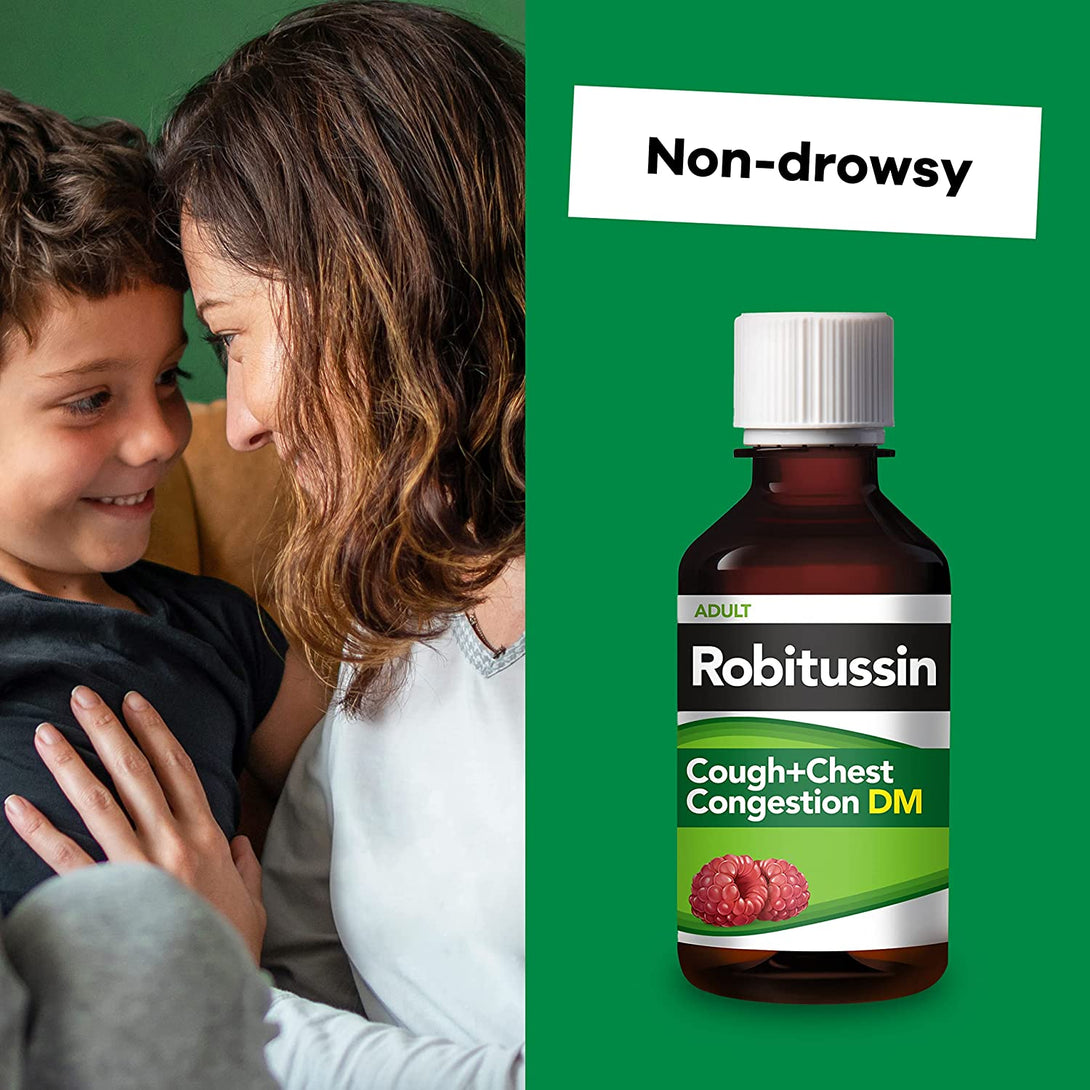 Robitussin Cough and Chest Congestion DM, Cough Suppressant and Expectorant, Raspberry Flavor - 8 Fl Oz Bottle