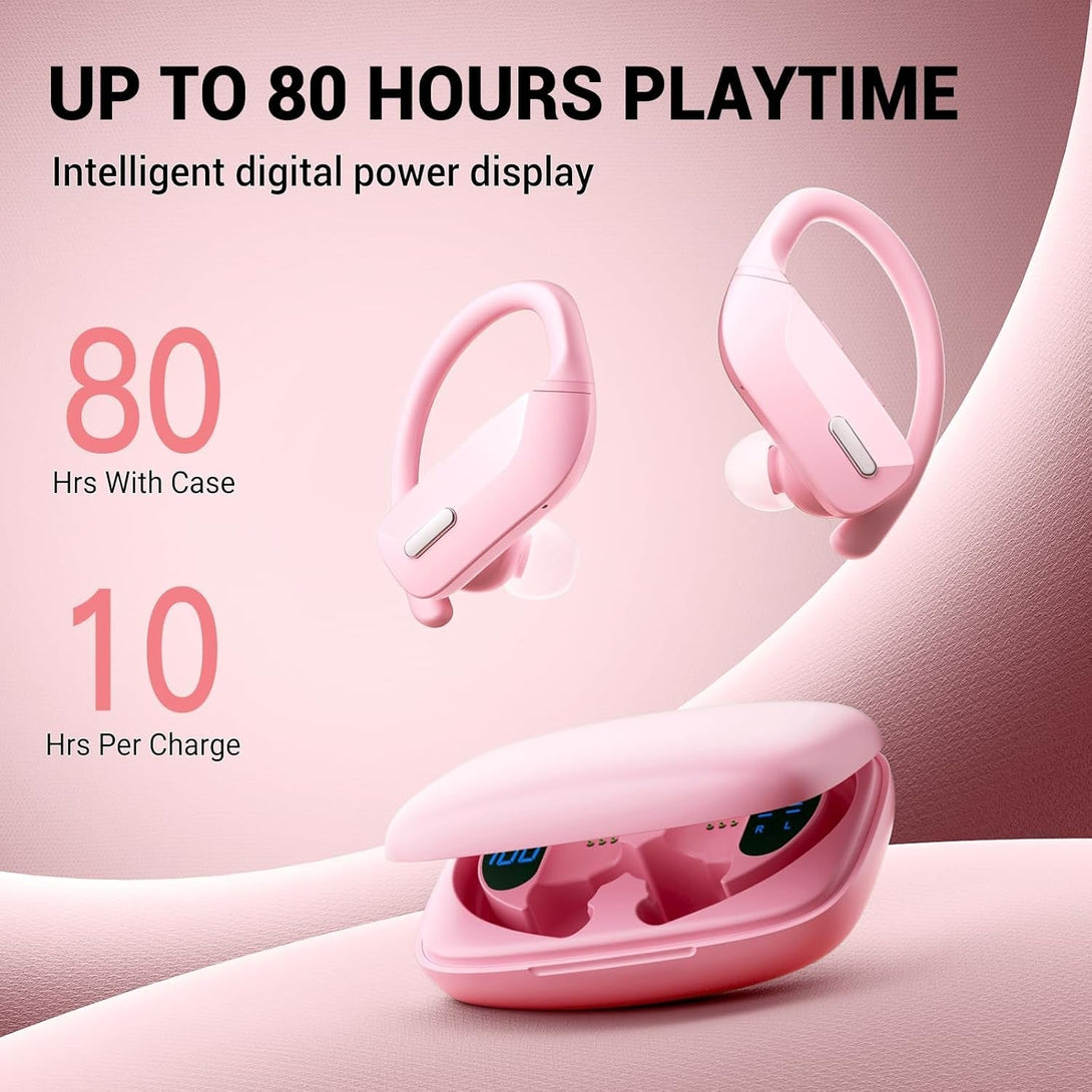 Wireless Sport Bluetooth Headphones 80Hrs Stereo with HD Mic with Earhooks ENC Noise Canceling Over-Ear Earphones, IP7 Waterproof Headset for Computer Workout Running Pink