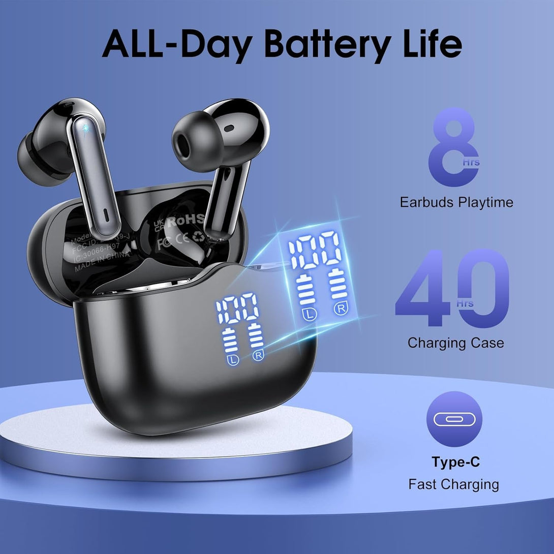Wireless Earbuds, 2025 Bluetooth 5.4 Headphones in Ear with Stereo Deep Bass, 40H Bluetooth Ear Buds with 4 ENC Noise Cancelling Mics, IP7 Waterproof Earphones Hands-Free Calls Dual LED Display USB-C