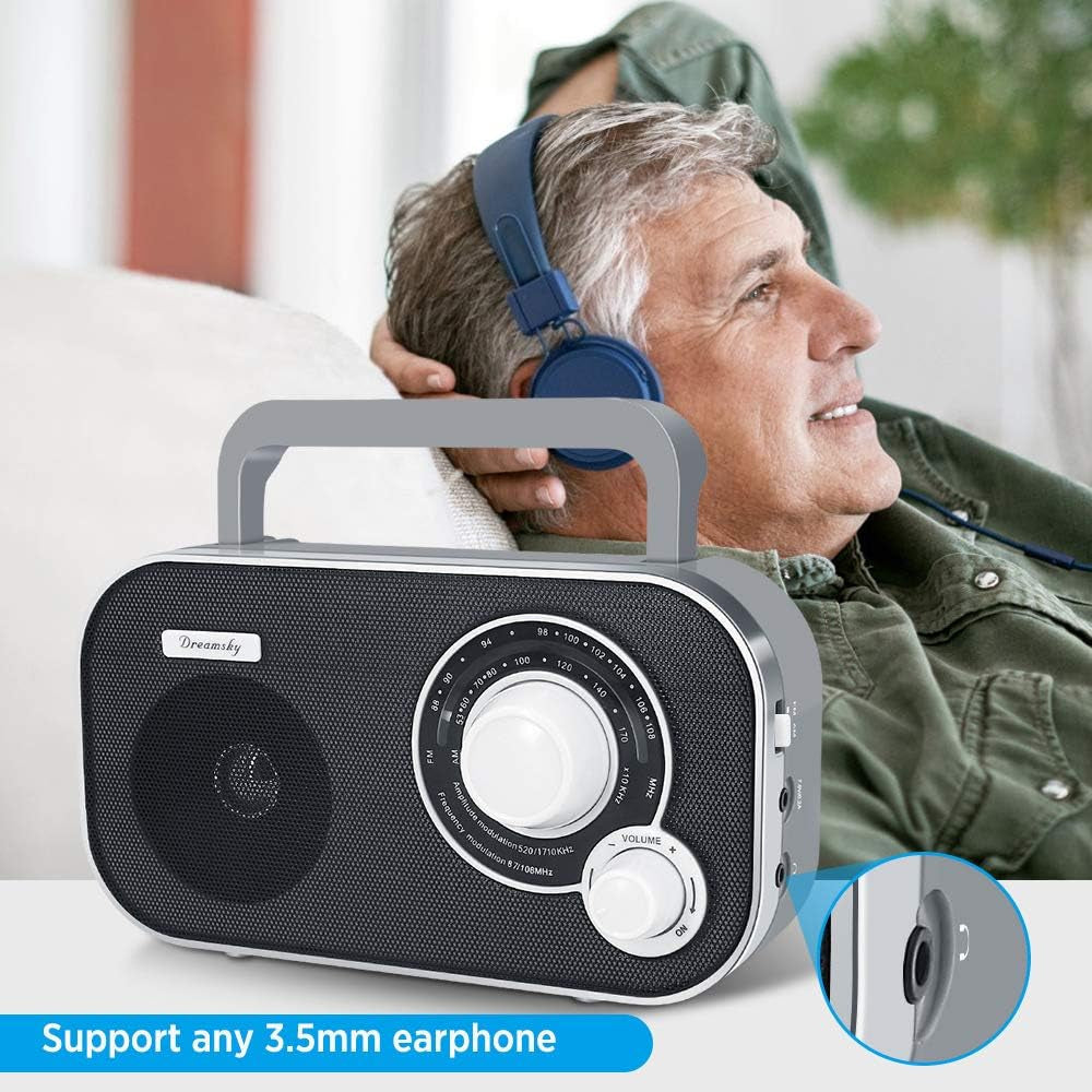Dreamsky AM FM Portable Radio Plug in Wall or Battery Operated for Home & Outdoor, Strong Reception & Sound, Large Dial Easy to Use, Transistor Antenna, Headphone Jack, Small Gifts for Seniors Elderly