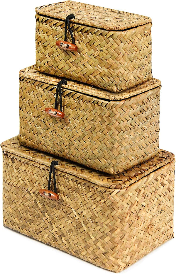 FEILANDUO Shelf Baskets with Lid Set of 3 Handwoven Seagrass Storage Box Wicker Basket Desktop Makeup Organizer Multipurpose Container (Original (S/M/L)