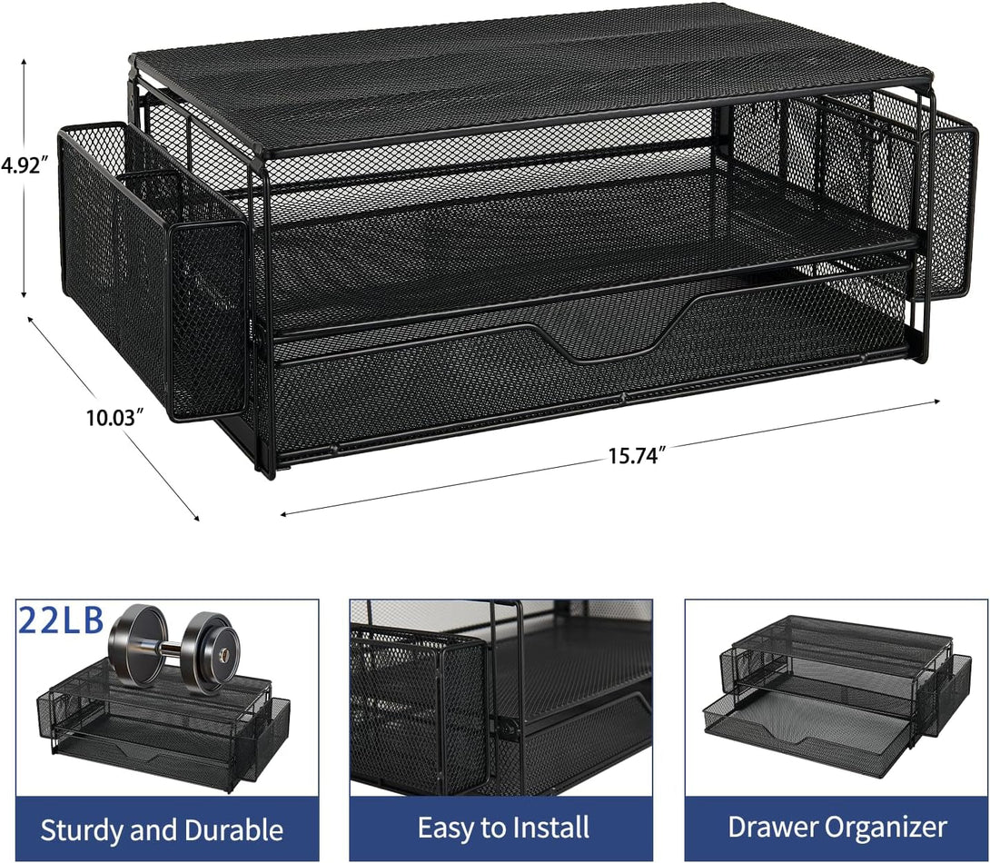 AUPSEN 2 Tier Computer Monitor Stands with Drawer and 2 Pencil Holder, Metal Monitor Stand Monitor Riser, Computer Desk Organizer and Accessories for Laptop, Computer, Printer, Office Supplies(Black)