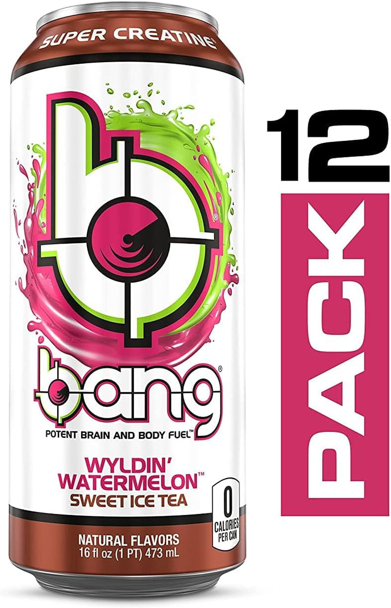 Bang | Potent Brain & Body Fuel - Creatine, EAA Aminos, Ultra Coq10; Pre and Post Workout; Sugar Free, Zero Calories; Energy & Performance | Wyldin' Wateremelon Sweet Ice Tea, (12) Cans