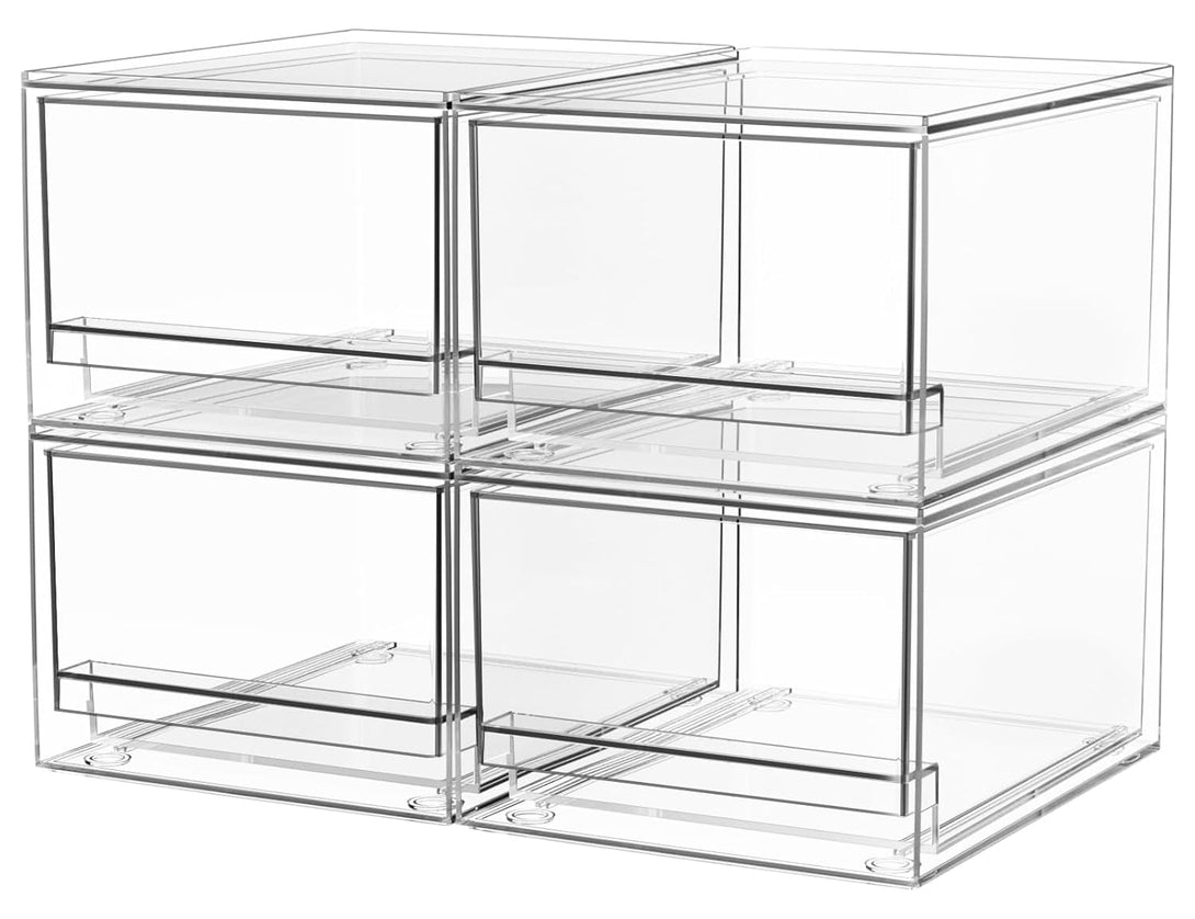 A-Lugei 【𝟰𝗣𝗖𝗦】 Acrylic Stackable Drawers, 7.5" L Makeup Organizer, Bathroom Organizer and Storage, Plastic Storage Bins for Kitchen Cabinet Pantry Medicine Fridge