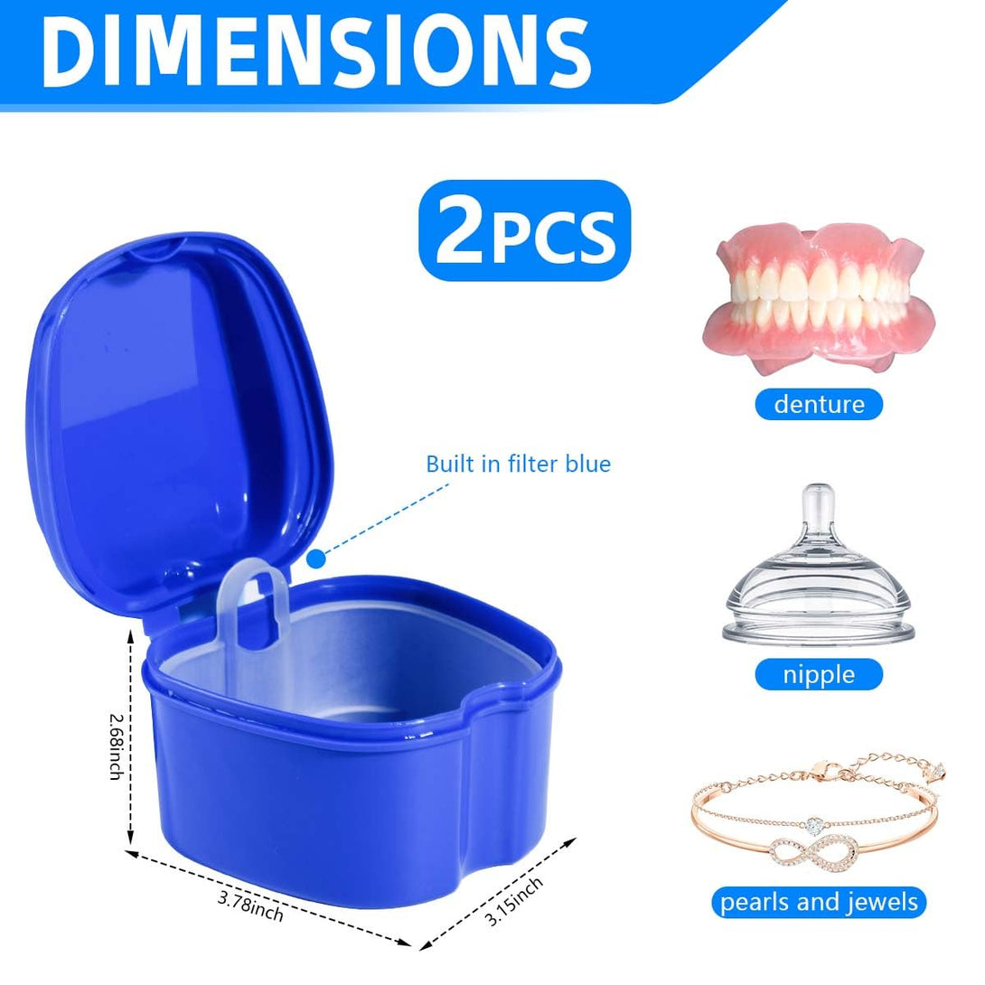 2 Pack Colors Denture Bath Case Cup Box Holder Storage Soak Container with Strainer Basket for Travel Cleaning (Light Blue and Blue)