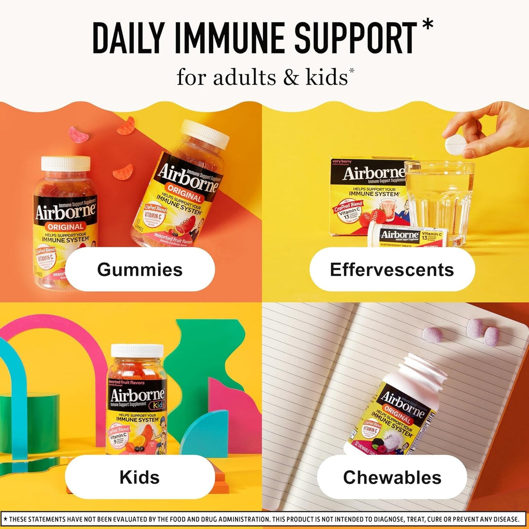 Airborne 750Mg Vitamin C Gummies for Adults, Immune Support Gummies with Powerful Antioxidants VIT C & E, Caffeine Free - 2X63Ct Bottle (42 Servings), Assorted Fruit Flavor