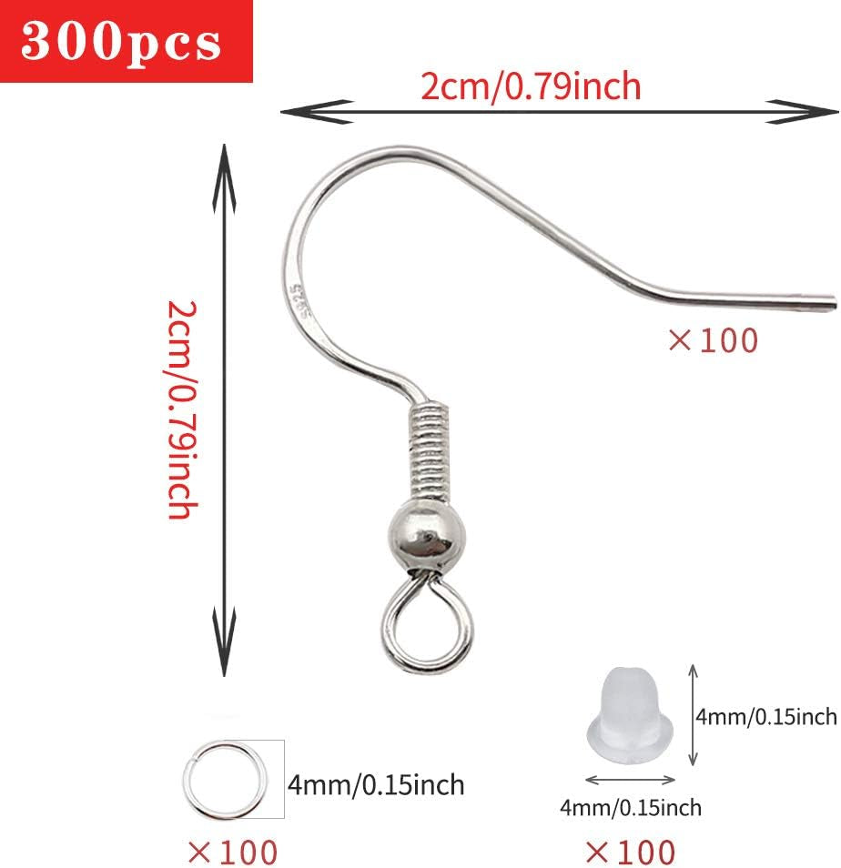 100Pcs/50Pairs 925 Sterling Silver Earring Hooks,Ear Wires Fish Hooks,300Pcs Hypoallergenic Earring Making Kit with Jump Rings and Clear Rubber Earring Safety Backs