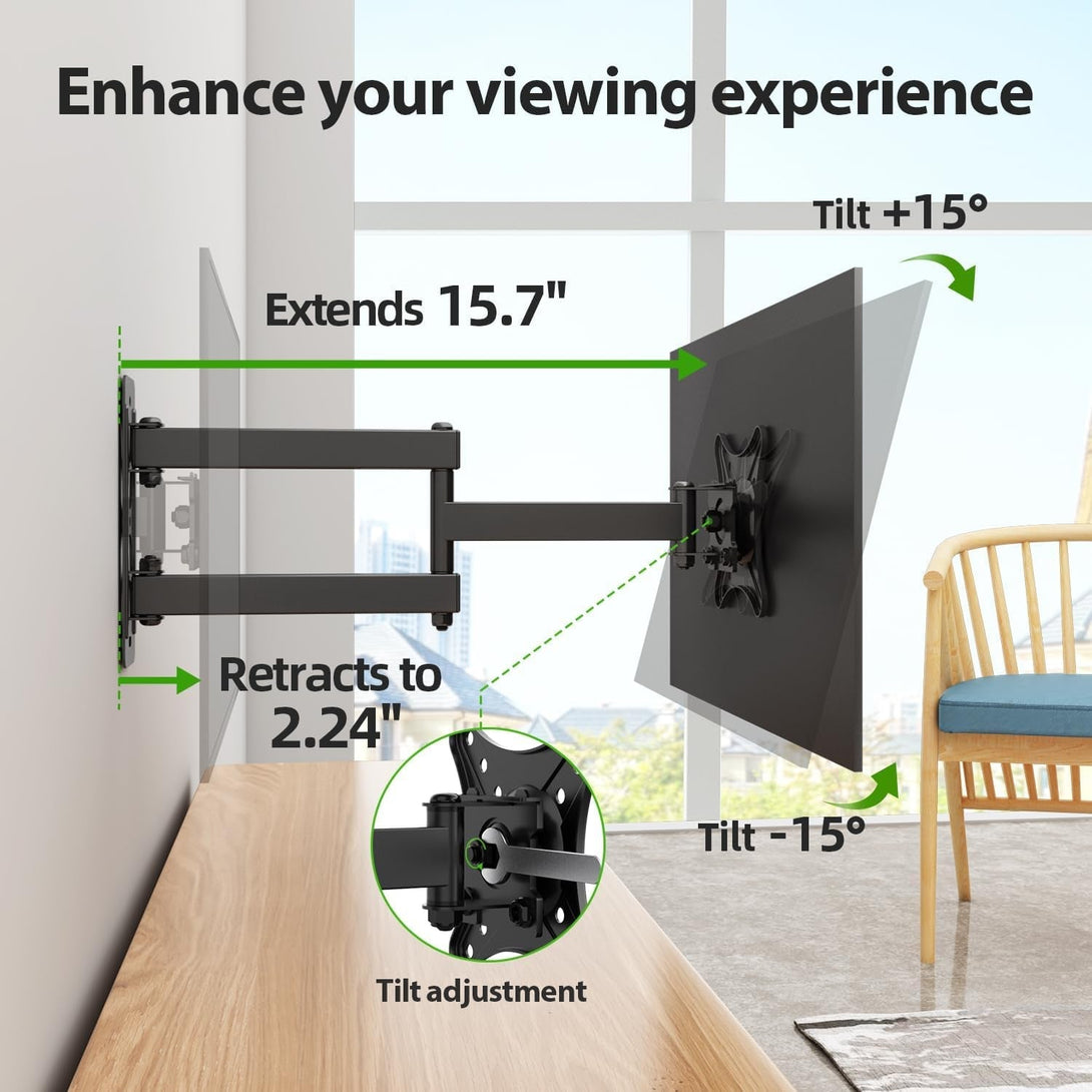 USX MOUNT Full Motion TV Wall Mount - Universal Corner TV Bracket for 13-32 Inch LCD Monitor Screen, Single Stud Monitor Wall Mount Swivel Tilt Rotation Articulating, Vesa100X100Mm, up to 33LBS