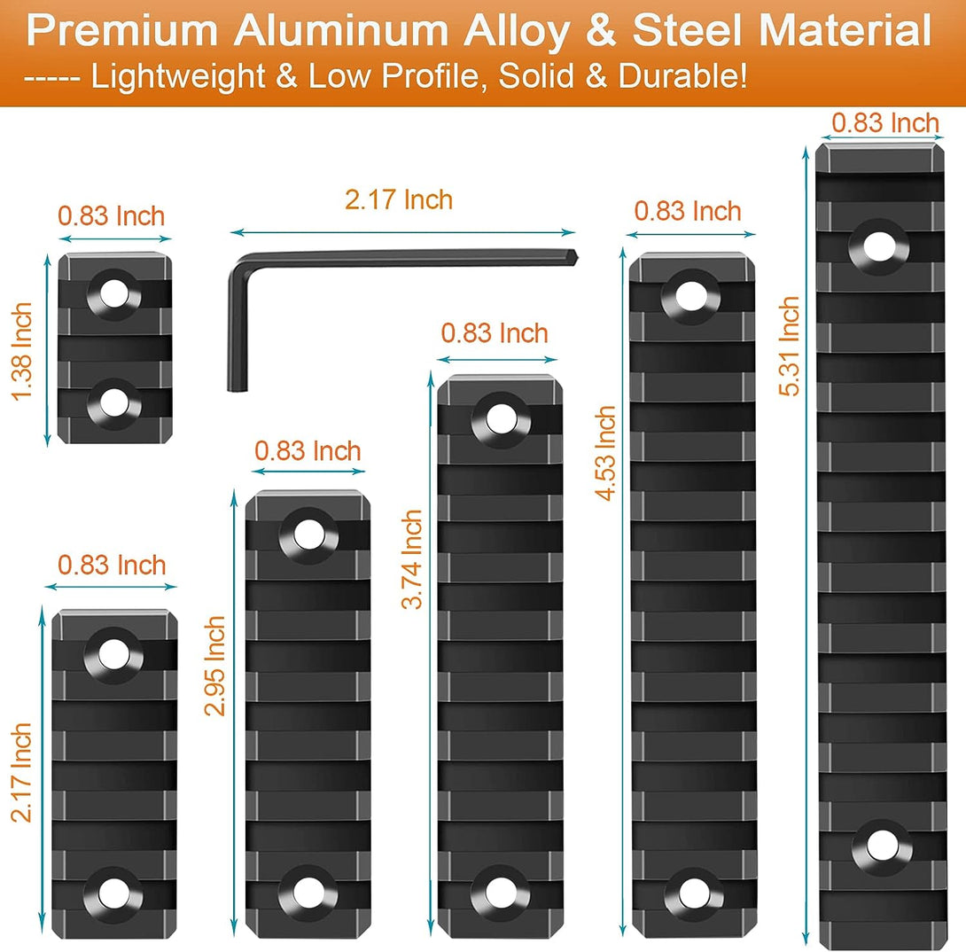 6 Pack Single Mloc Picatinny Rail Set for Mlock 3 5 7 9 11 13 Slots with 13 T-Nuts & Screws, 3 Allen Wrench - Black