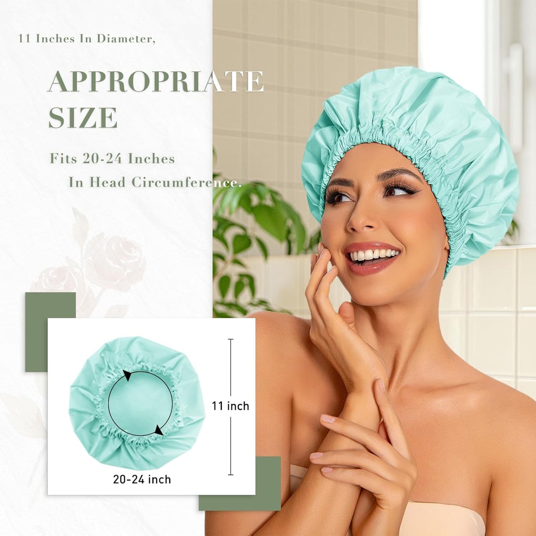 Reusable Shower Cap for Women, Large Waterproof Shower Essentials Bonnet Washable Elastic Band Bath Hair Wrap Hat for Long Hair, Braids(Mint Green)